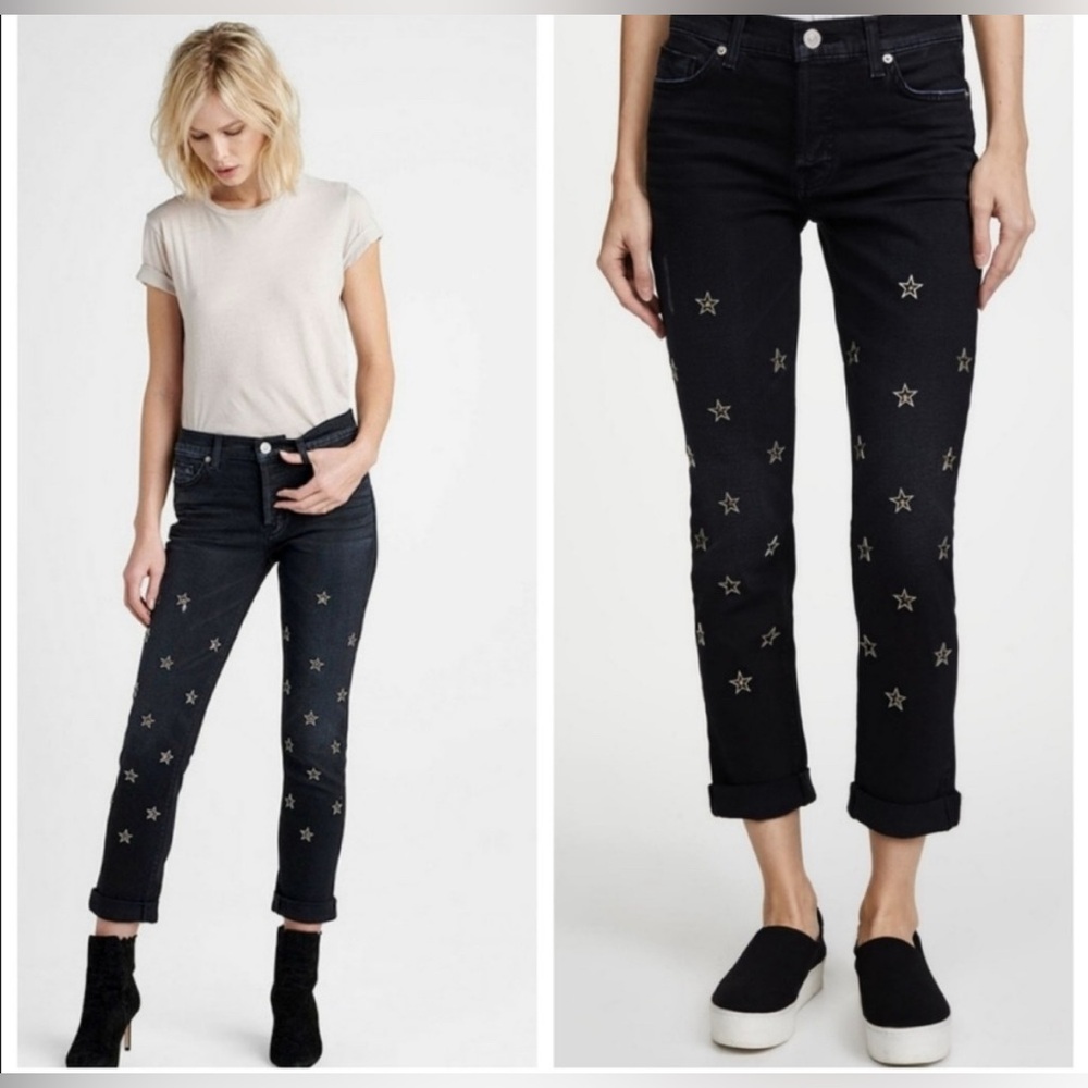 Blk Hudson jeans with silver metal stars Riley crop relaxed straight women’s 27